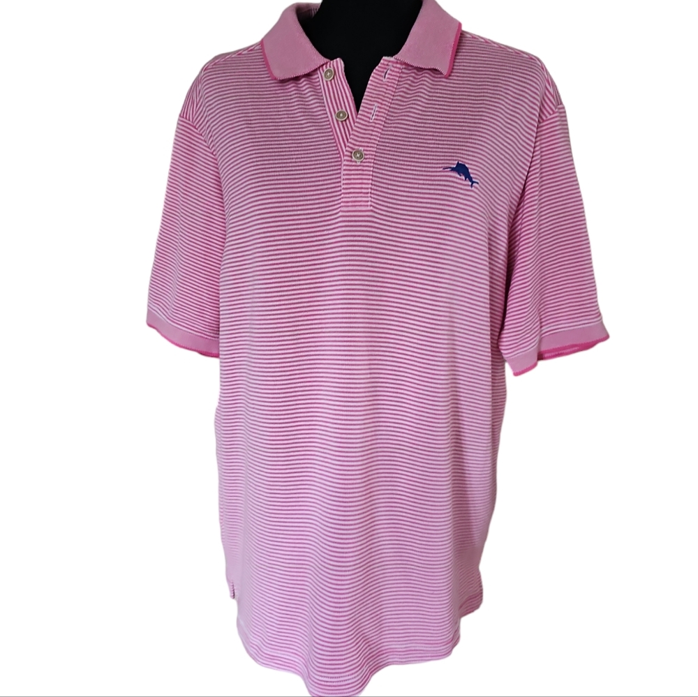 Tommy Bahama Collared Pink & White Stripe Short Sleeve Golf Polo Shirt Medium